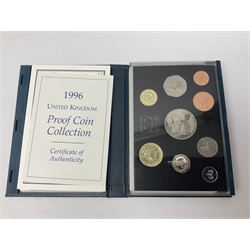 Six The Royal Mint United Kingdom proof coin collections, dated 1995, 1996, 1998, 2002, 2006 and 2007 all cased with certificates