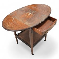 Edwardian inlaid rosewood occasional centre table, oval drop-leaf top inlaid with central fan and extending foliate motifs, fitted with single drawer, on square tapering supports united by galleried undertier, on brass castors 