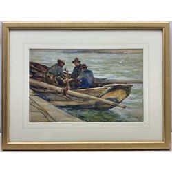 Robert Jobling (Staithes Group 1841-1923): Preparing the Coble at Runswick Bay, watercolour and gouache signed 32cm x 50cm