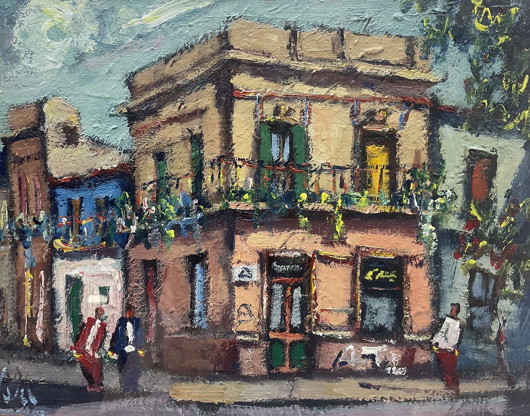 Rodolfo M Jara (Mexican 20th Century): Summer Street Scene, oil on board signed 23cm x 28cm