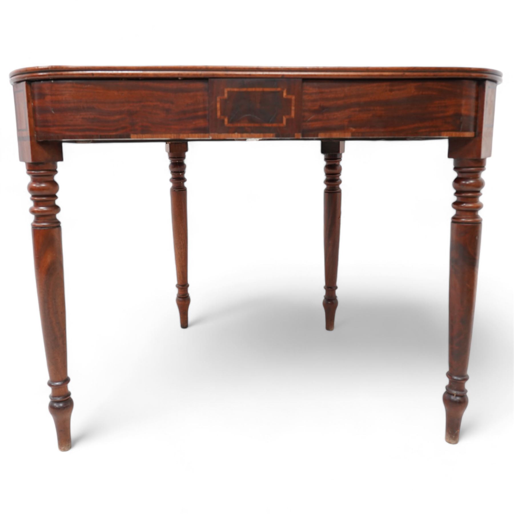 19th century inlaid mahogany tea table, fold-over D-shaped top, double gate-leg action base, on turned supports