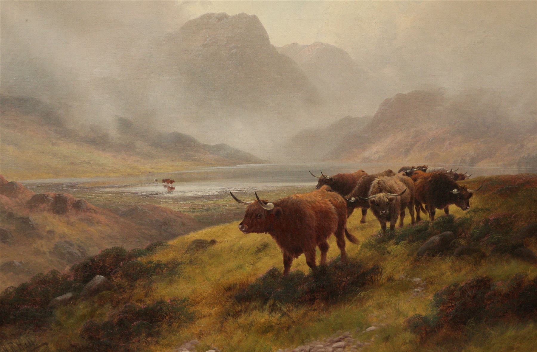 Henry Robinson Hall (British 1859-1927): 'Highland Rovers - Loch Lubnaig', oil on canvas signed, inscribed verso 59cm x 90cm