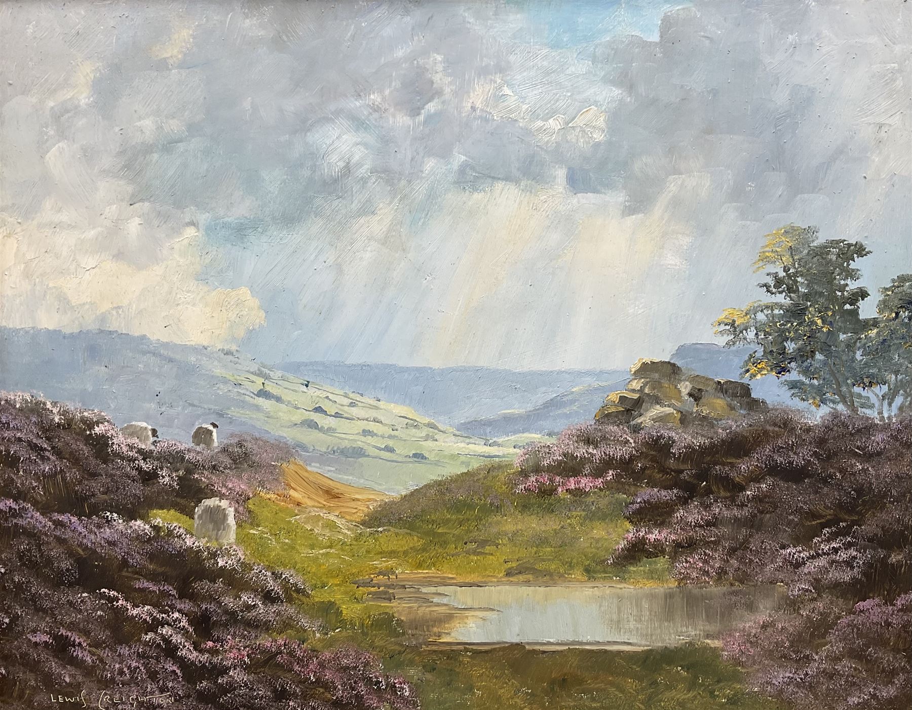 Lewis Creighton (British 1918-1996): Sunlight Through the Clouds - Moorland Landscape, oil on board signed 39cm x 50cm