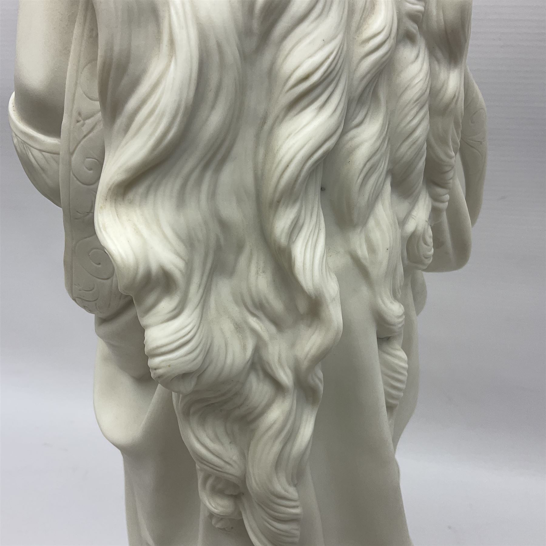 19th century Copeland Parian Ware figure, after R Monti, modelled as Lady Godiva, upon a circular titled plinth, signed and dated verso R Monti 1870, impressed to base Copyright Reserved Copeland, overall H22cm