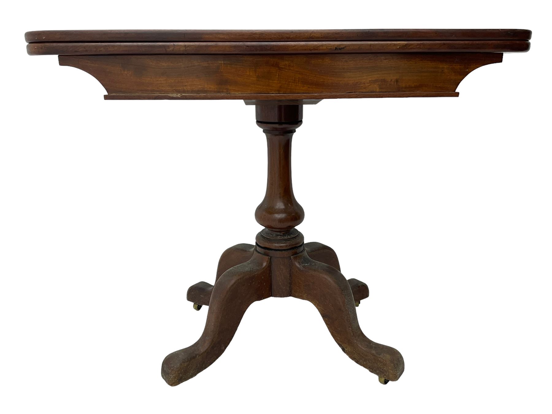 19th century mahogany table, fold-over rectangular with rounded corners, on turned vasiform column, on quadruple out splayed supports