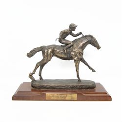 'The Ballyogan Stakes, Leopardstown 2005' Bronze resin model by David Geenty of a racehorse with jockey up on wooden base 26cm x 33cm 