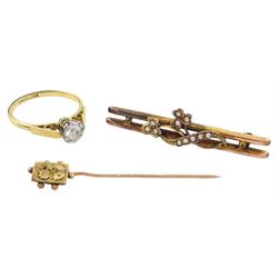 Gold single white stone ring, stamped 18ct, gold pin and pearl floral brooch, both 9ct