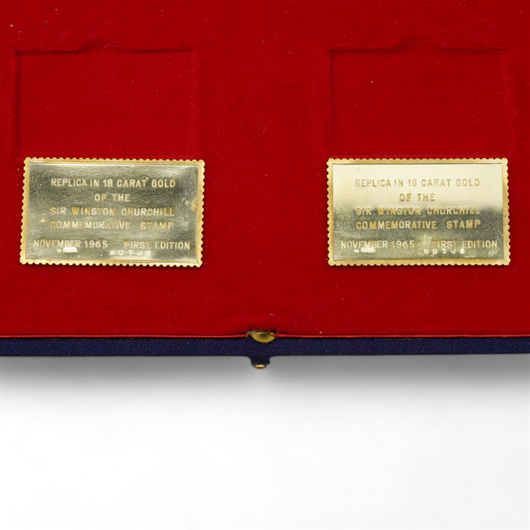 'Sir Winston Churchill Stamp Replicas' set of two hallmarked eighteen carat gold stamp replica ingots, total weight approximately 40.3 grams, cased with certificate and commemorative stamp cover