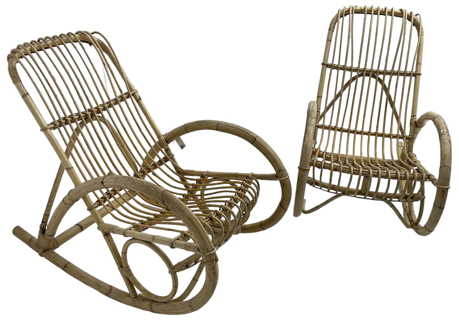 Pair of mid-20th century bamboo rocking chairs, in the style of Rohé Noordwolde