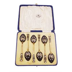 Set of six 1930s silver-gilt and enamel coffee spoons, the bowls and finials decorated verso in black and white enamel, hallmarked Turner & Simpson Ltd, Birmingham 1933, contained within fitted case