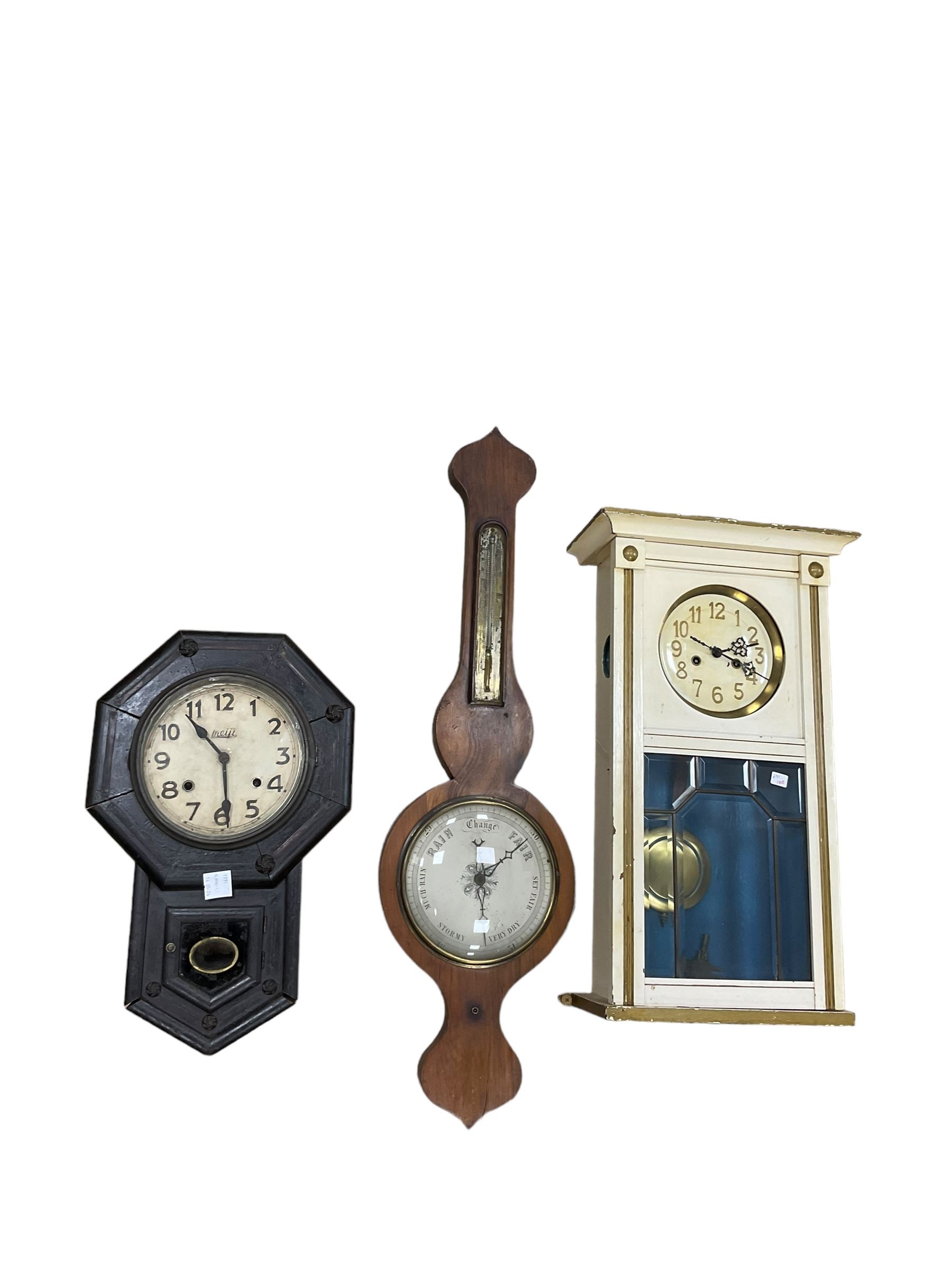 Two 19th century wall clocks and a Victorian barometer.