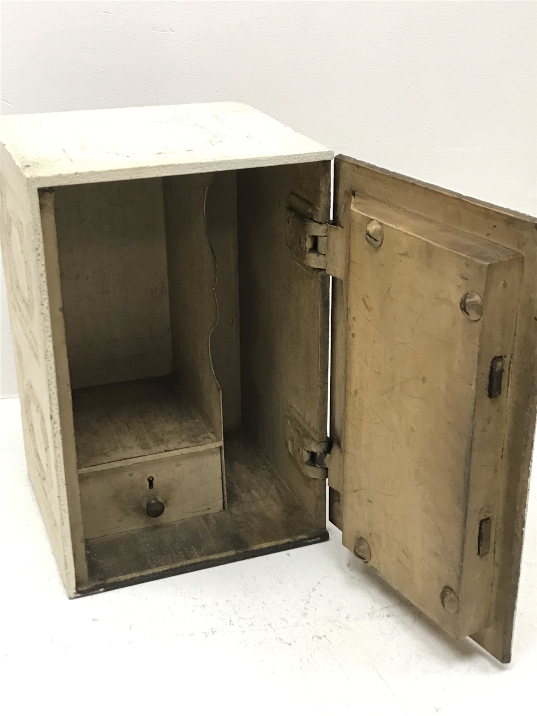 Small Victorian cast iron safe, the single door and sides with moulded decoration, interior fitted with documents division and small drawer, with key, W30cm, HH46cm, D30cm