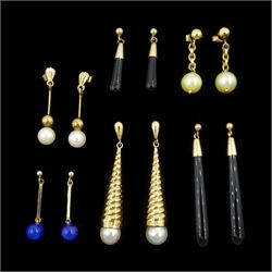 Six pairs of 9ct gold stone set pendant stud earrings including pearl, lapis lazuli and black onyx