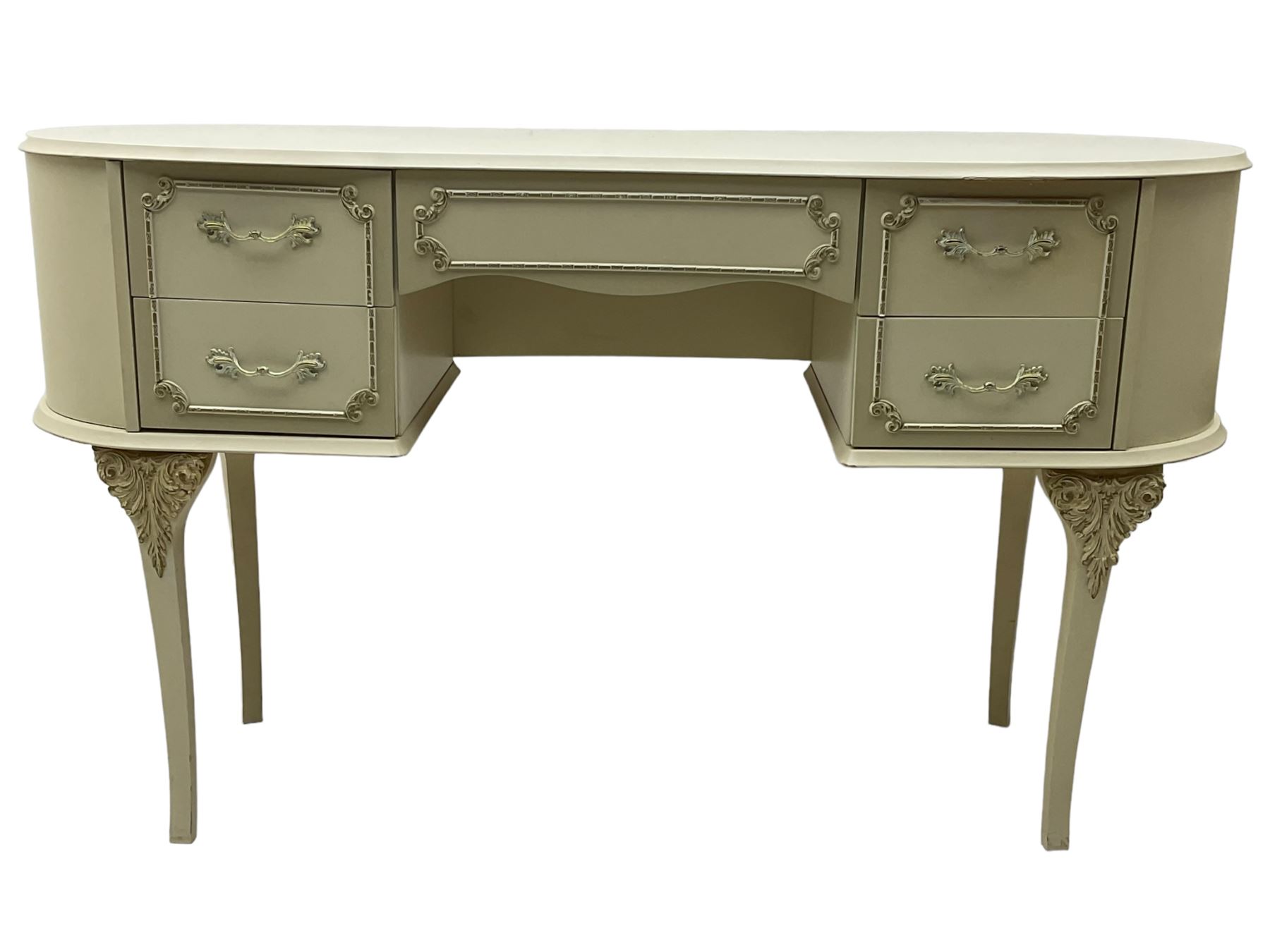 Mid-to-late 20th century cream and gilt kidney-shaped dressing table, fitted with five drawers, on cabriole supports 