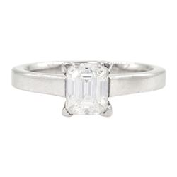 18ct white gold single stone emerald cut diamond ring, diamond 1.01 carat, with European G...