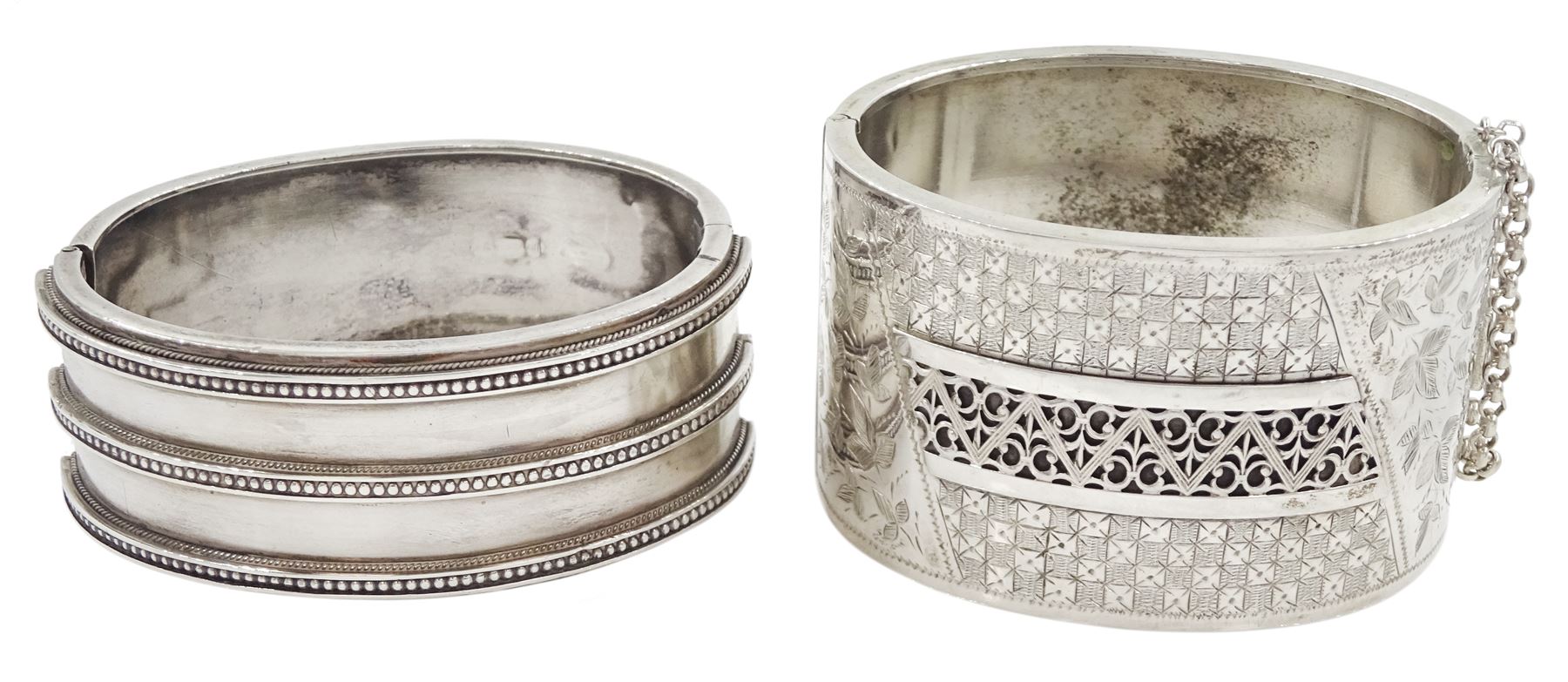 Victorian silver bangle with bead decoration, Birmingham 1882 and a larger silver plated hinged bangle