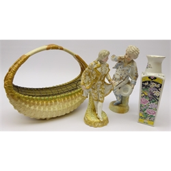  Royal Worcester porcelain blush ivory basket with flower frog c1919, L28cm French bisque figure of a young boy, Continental figure and Chinese vase (4)  