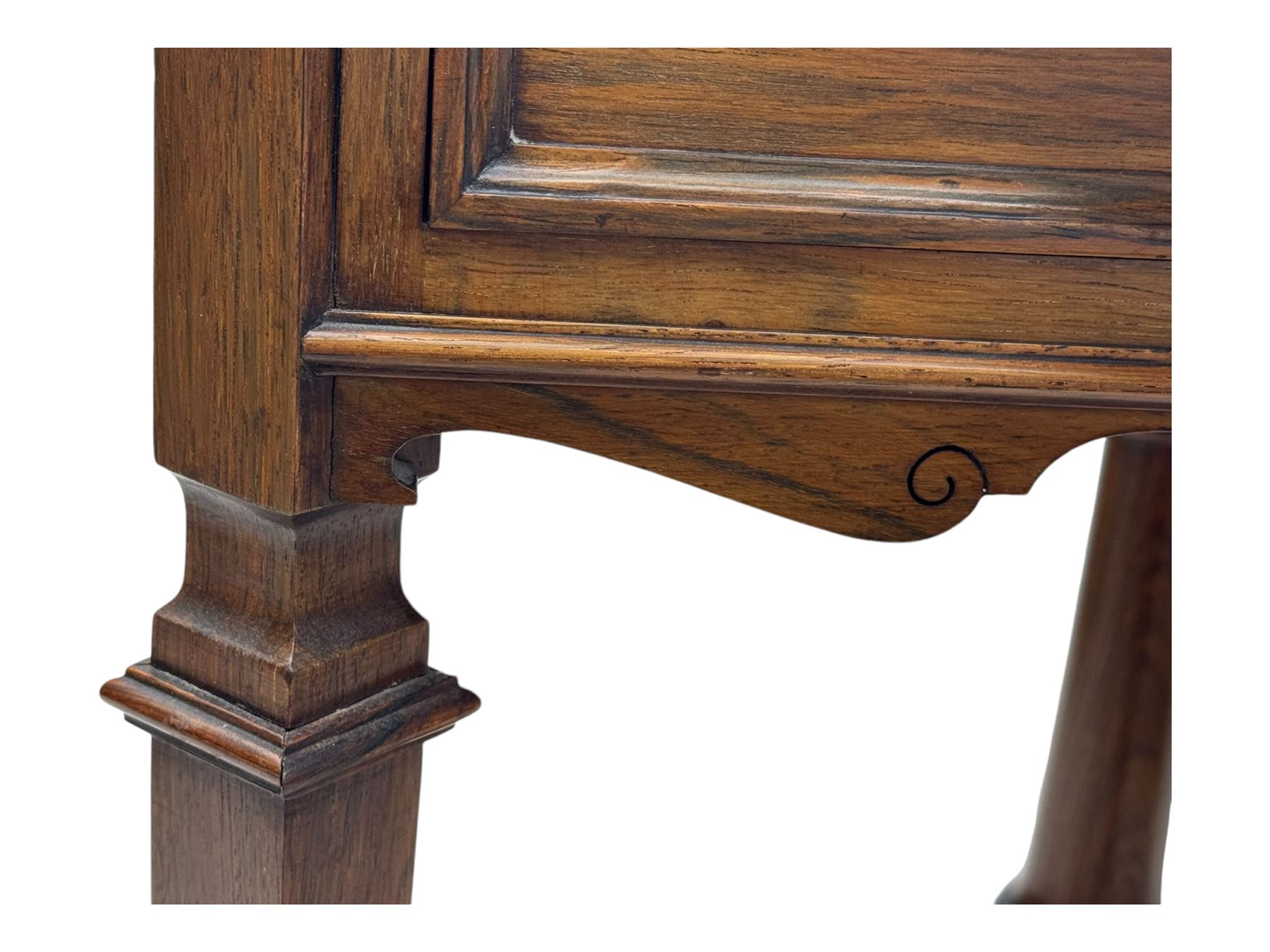 Victorian rosewood envelope games table, the moulded square top with four triangular hinged leaves, revealing inset baize playing surface and sunken counter wells, fitted with single frieze drawer, on square tapering supports united by x-framed stretchers and turned central column, on brass and ceramic castors 