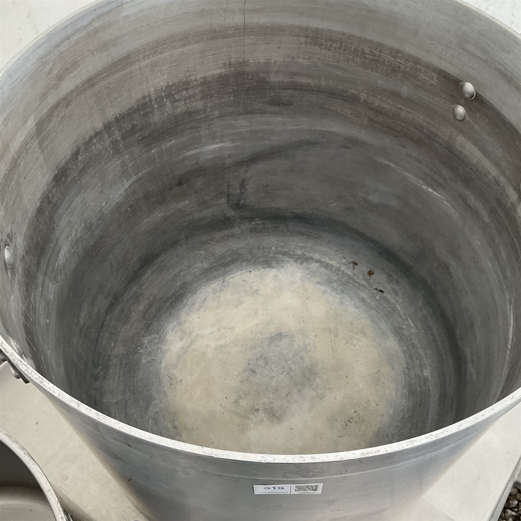 Large aluminium cooking pot with lid (45cm diameter), two stainless steel pots and small stainless steel pot - THIS LOT IS TO BE COLLECTED BY APPOINTMENT FROM DUGGLEBY STORAGE, GREAT HILL, EASTFIELD, SCARBOROUGH, YO11 3TX