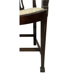 Pair of Georgian design mahogany D-end tables, reeded edge over banded frieze, on square tapering supports; with set of four (3+1) Hepplewhite design mahogany dining chairs, elaborately pierced and carved splat with festoons over dished seat, on fluted supports (W63cm H98cm)