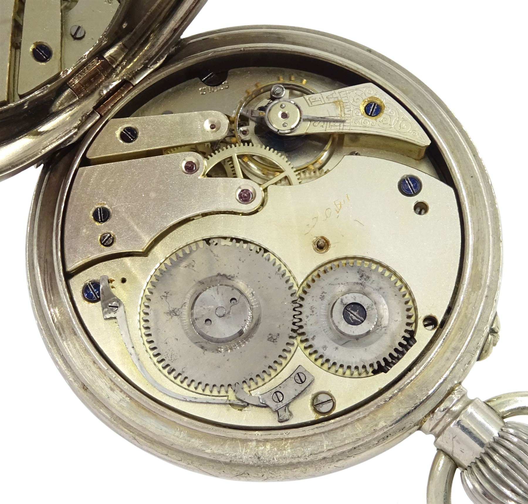 Early 20th century keyless lever 8 days goliath pocket watch by Favre-Leuba & Co, white enamel dial with Roman numerals and subsidiary seconds dial, in silver mounted leather case, with velvet interior, Birmingham 1901