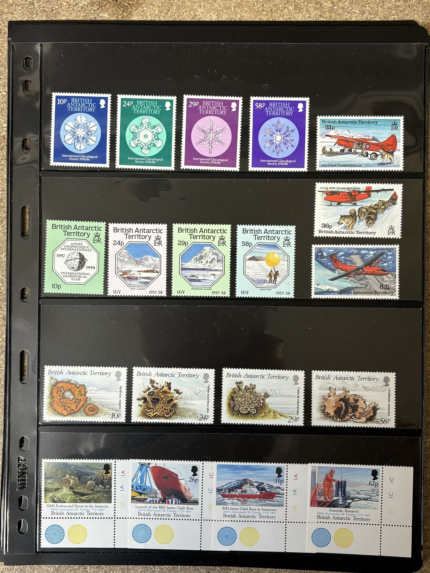 Queen Elizabeth II British Antarctic Territory mint stamps, including 1963-1969 SG 1 to 15a from half penny to both one pound values, 1993 SG 218-229 etc and a small number of Australian Antarctic Territory stamps, housed on stock pages