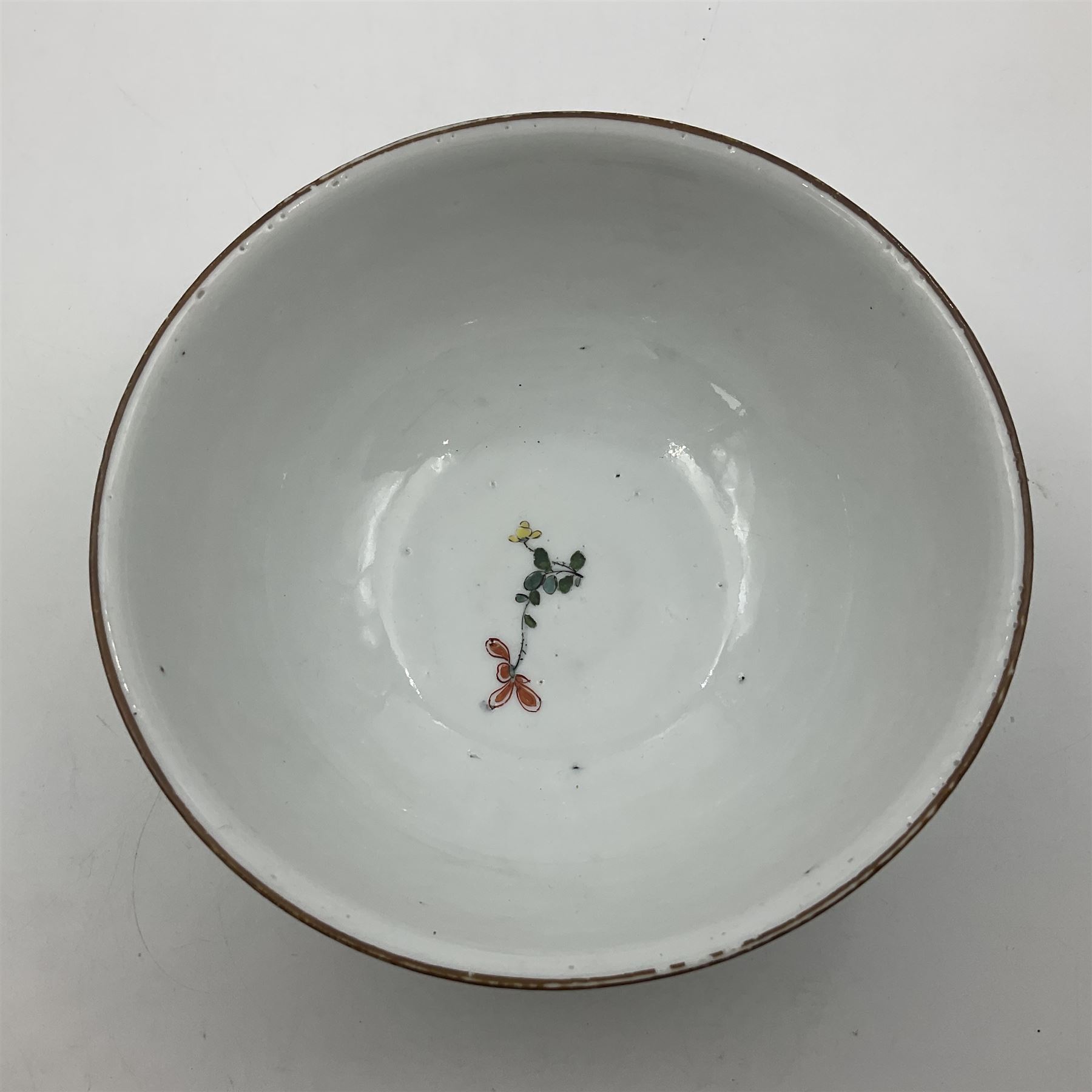 18th century Meissen turquoise ground bowl, circa 1740, decorated with two shaped reserves painted with Kakiemon type flowers, with gilt rim and band to short circular foot, with undergaze blue crossed swords mark to base, H7cm D15.5cm