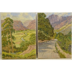  H Bettison (Pupil of Owen Bowen): Borrowdale Lake District, pair oils on canvas signed, titled verso 40cm x 30cm (2 unframed)  