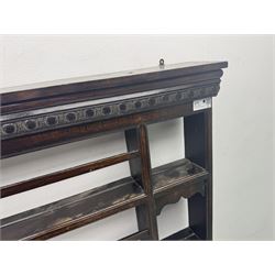 19th century oak delph rack, moulded cornice over four shelves 