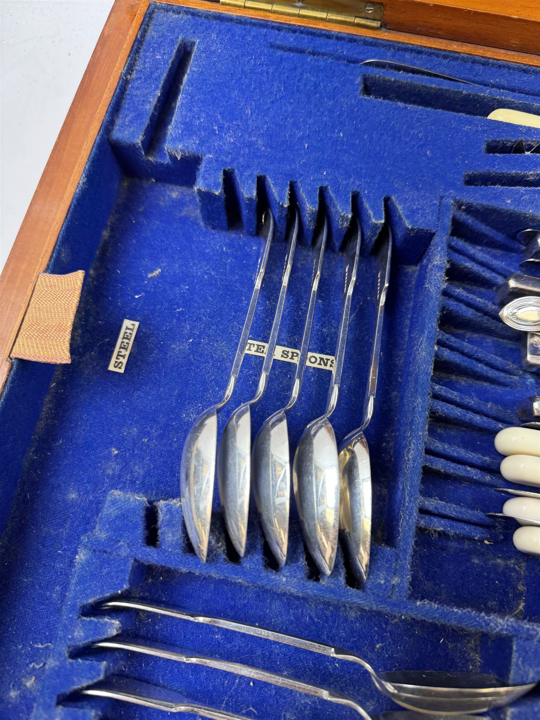 Early 20th century mahogany canteen box, containing selection of matched silver plated cutlery