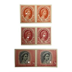 Three Queen Elizabeth II Rhodesia and Nyasaland 1954 stamp proof pairs, comprising half pe...