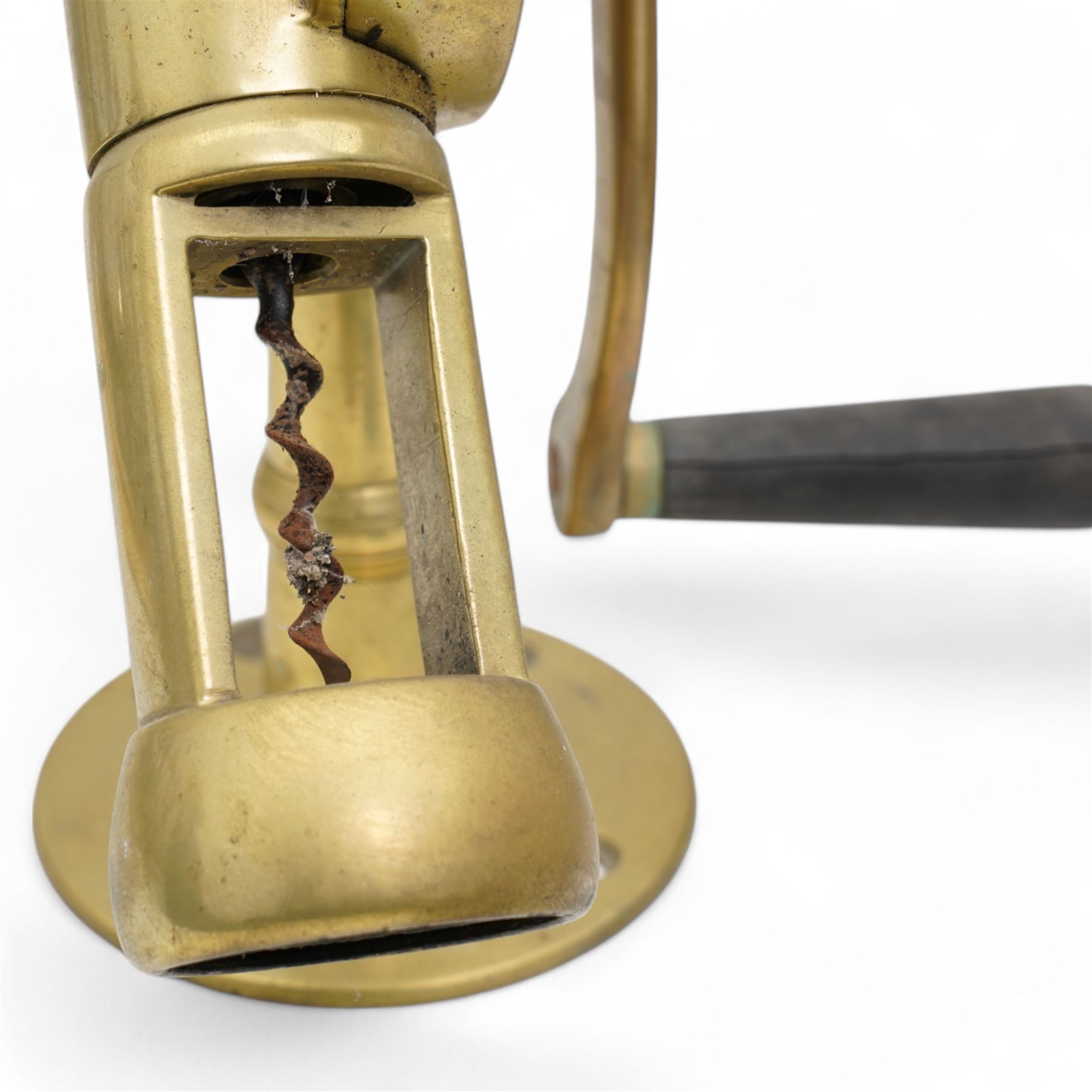 Late 19th century Rotary Eclipse style brass bar mounted corkscrew, impressed no. 57, bearing stamp to base H41cm 