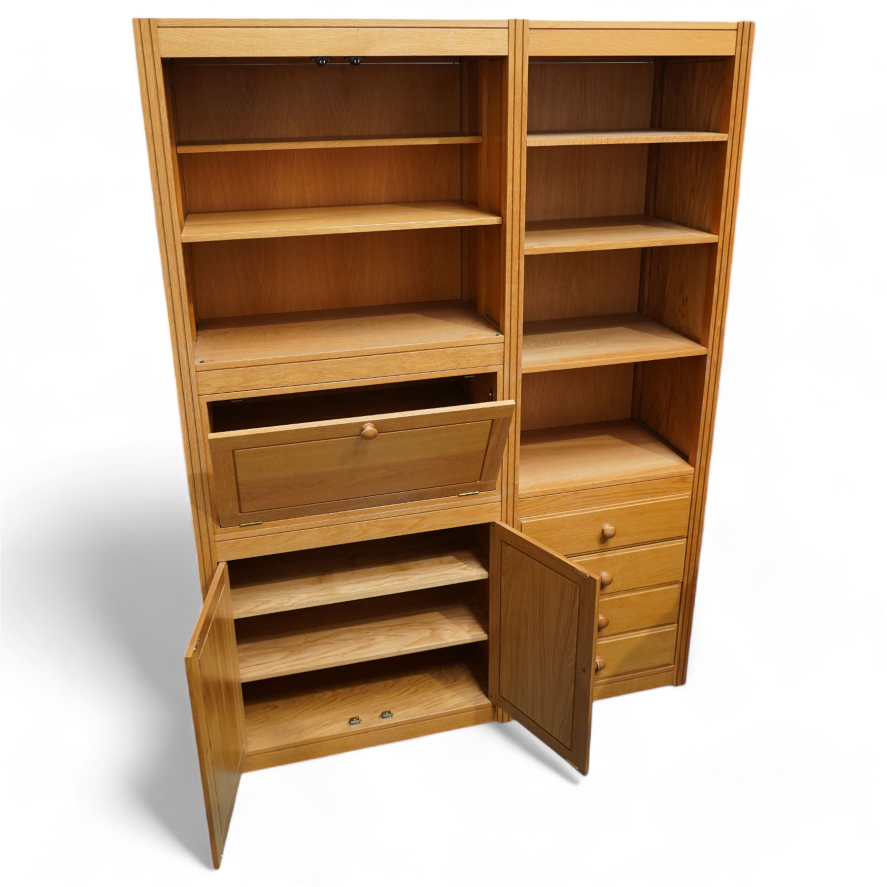 Treske - oak wall display unit, fitted with glazed doors, fall front compartment, double cupboard, open shelves and drawers