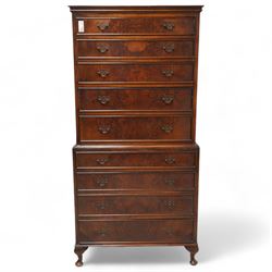 Georgian design figured walnut chest-on-chest, projecting cornice over nine graduating cock-beaded drawers, on cabriole feet 