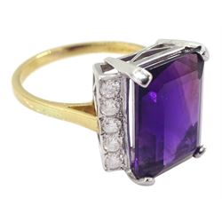 18ct gold amethyst and diamond ring, emerald cut amethyst, with five round brilliant cut diamonds set either side, hallmarked, amethyst approx 7.20 carat