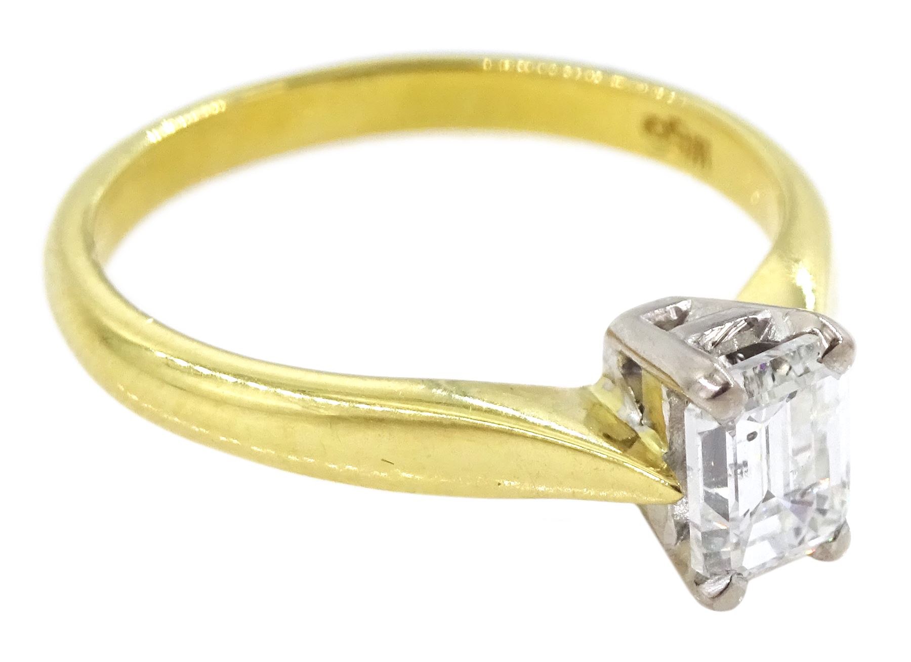 18ct gold single stone emerald cut diamond ring, hallmarked, diamond approx 0.60 carat