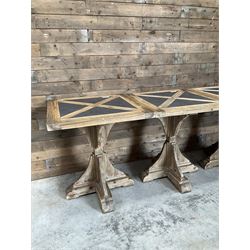 4 x Rustic square restaurant bistro table, parquetry top, X shaped base