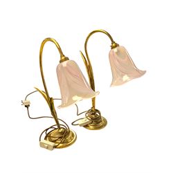 Pair of brass table lamp bases, with fluted pink glass shades, H44cm