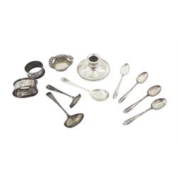 Group of silver, including silver mounted candlestick, set of four teaspoons, open salt, napkin rings, etc all hallmarked 