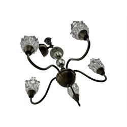 Contemporary five-branch chandelier, brass effect with moulded glass shades; matching pair of wall-mounted two-branch lights (3)