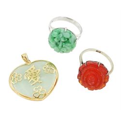 Two 9ct white gold rings including jade and carnelian, both with carved floral decoration ...