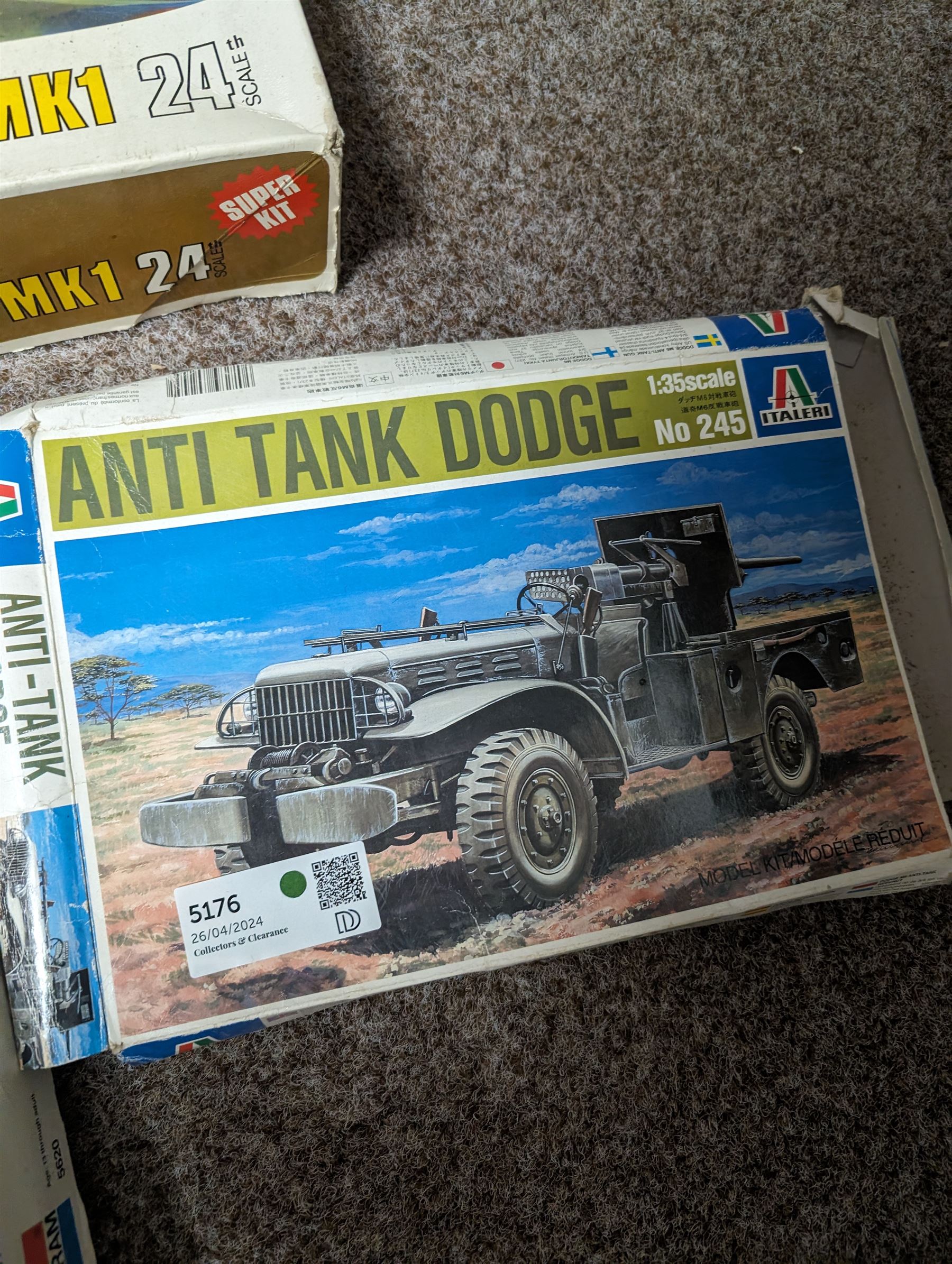 Three model kits, including Airfix Hawker Hurricane MK1 1:24 scale, Italeri Anti Tank Dodge 1:35 scale and Monogram Visible B-17 1:48 scale, all boxed 