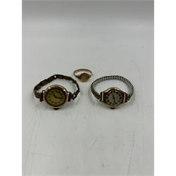 9ct gold signet ring and two 9ct gold cased wristwatches on gilt straps