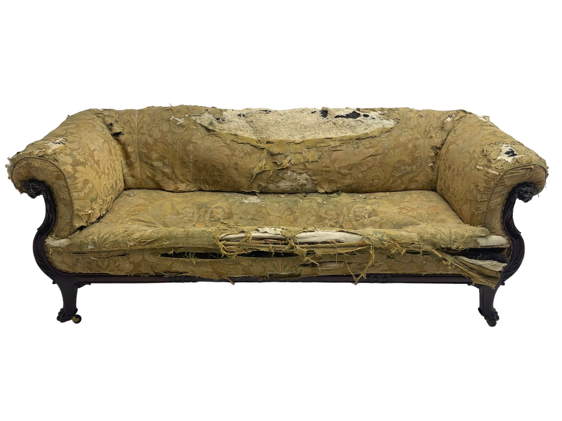 19th century mahogany settee, rolled S-scrolled arms carved with lion masks and acanthus leaf scrolls, the lower moulded rail carved with scrolling design, raised on carved paw feet with recessed brass and ceramic castors 