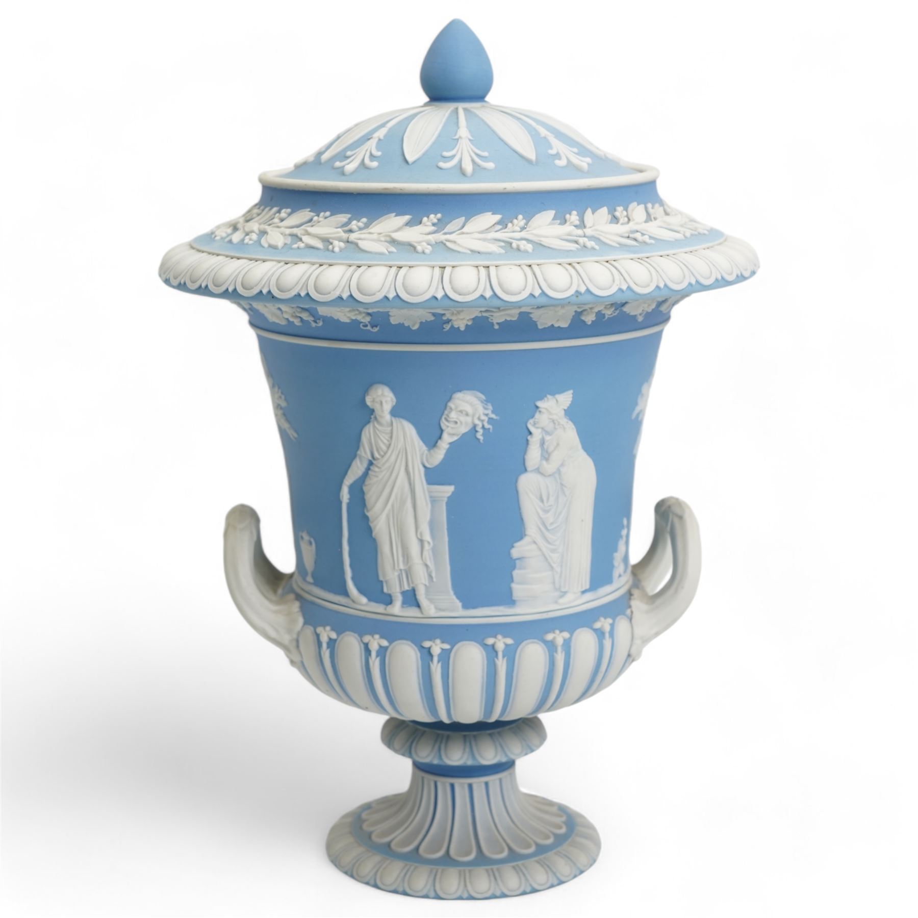 Group of five late 19th and early 20th century Wedgwood blue jasperware urn vases, H28cm and smaller (5)