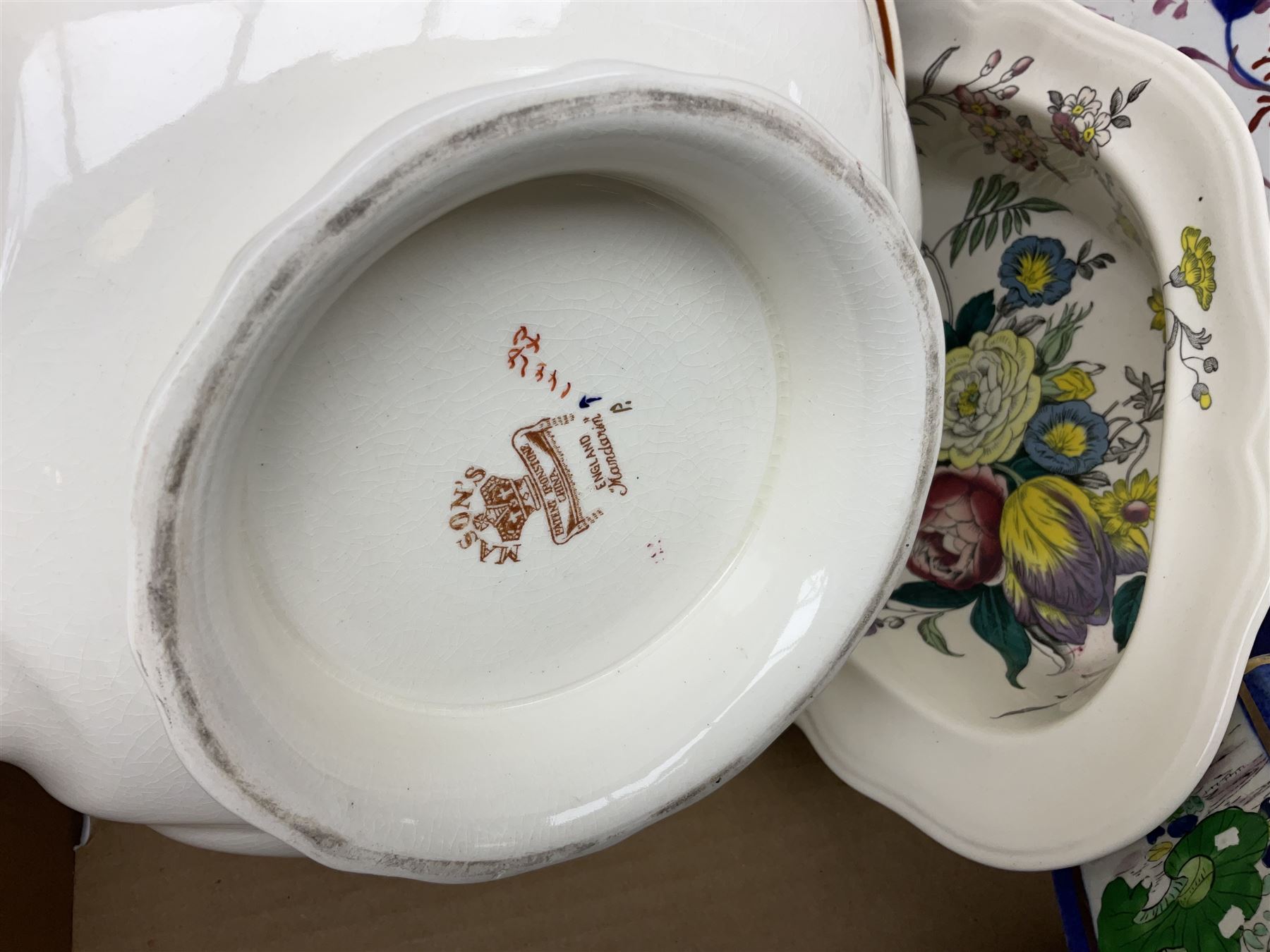 Twin handled cache pot in the style of Herend Hungary, stamped VA Portugal, decorated with birds upon branches, Mason's Ironstone large footed bowl in the Mandarin pattern, Spode Gainsborough bowl, Royal Doulton Bird of Paradise plate c1938 D4602, lustre plates, Aynsley, oriental style lidded vase, Portmeirion, lattice creamware, J & G Meakin Sol, Wedgwood, studio pottery, Spode York Minister boxed plate etc