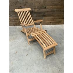 Pair of solid teak adjustable garden steamer armchairs, stainless brackets, with cushions