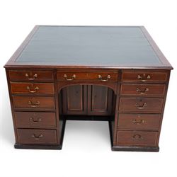 19th century inlaid mahogany kneehole desk, moulded rectangular top with inset leather wri...