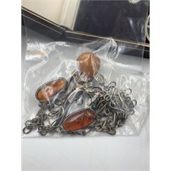 Silver jewellery, including an amber set necklace, pair of earrings and pin, silver charm bracelet, silver ingot pendant, filigree jewellery and other silver jewellery