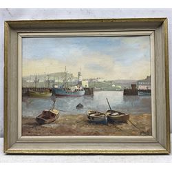 Don Micklethwaite (British 1936-): Scarborough Harbour, oil on board signed 34cm x 44cm